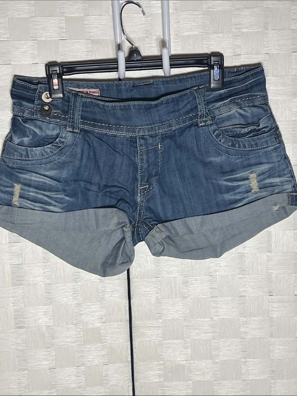 1st Kiss Distressed Blue Denim Cuffed Shorts Hip Huggers Size 13